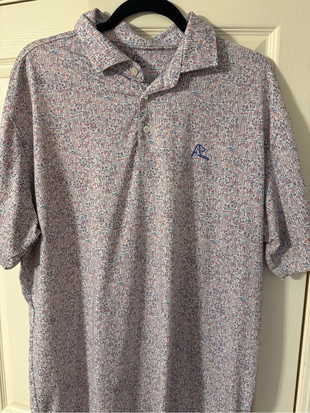 Rhoback Men's Polo in White with Blue and Red Micro Pattern